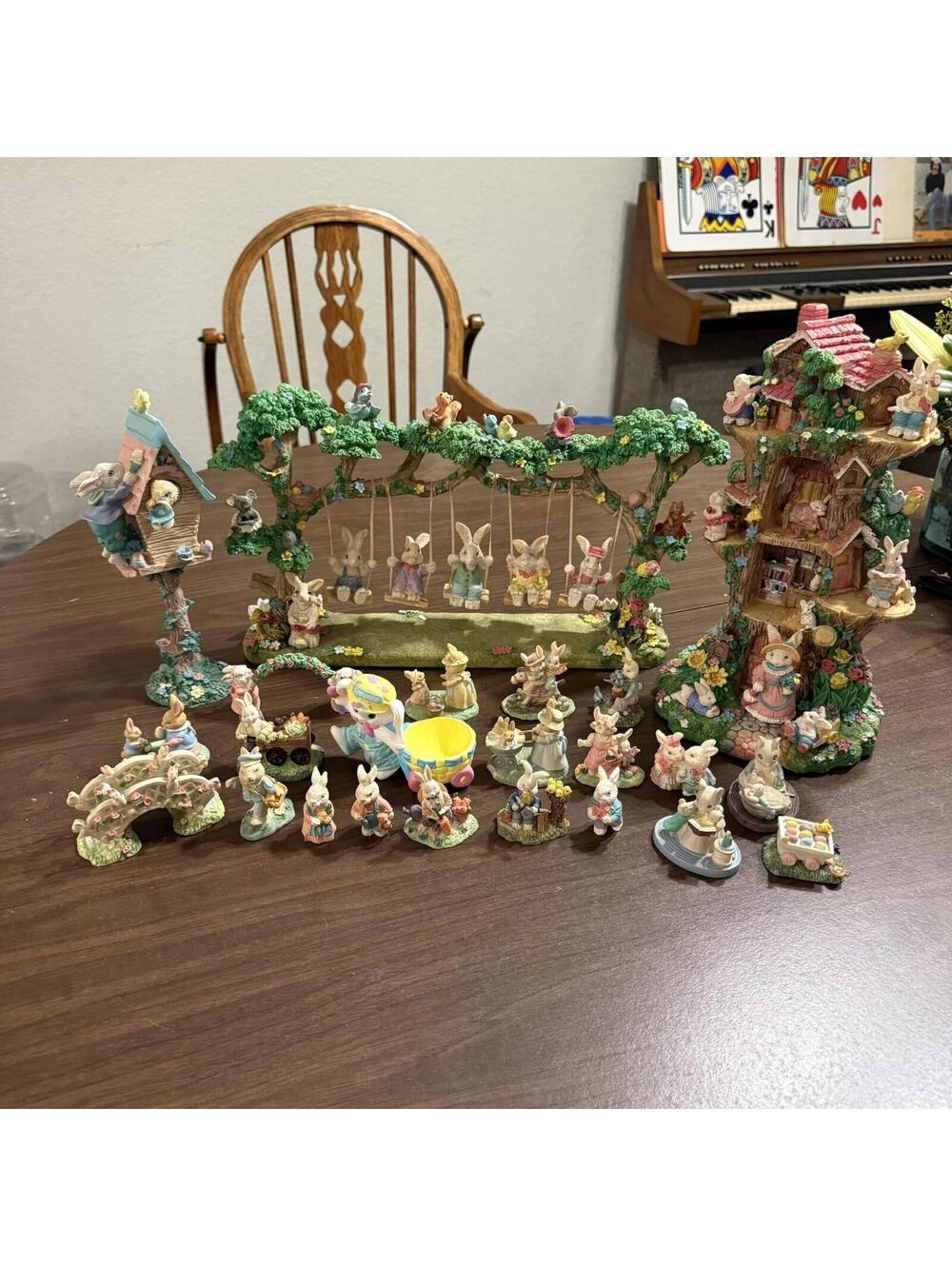 Vintage 90s RARE Hoppy Hollow Ceramic Easter‎ Bunny Village And Swing 23pc Set